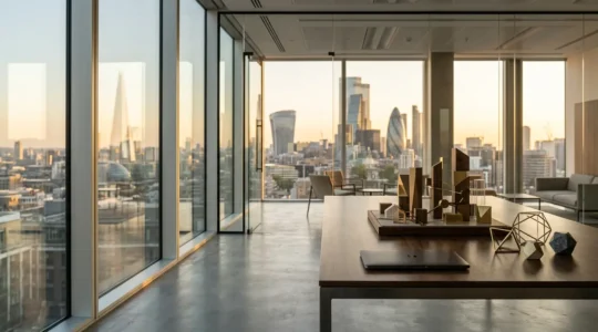 Strategic meeting in modern UK office showing venture capital management and growth planning