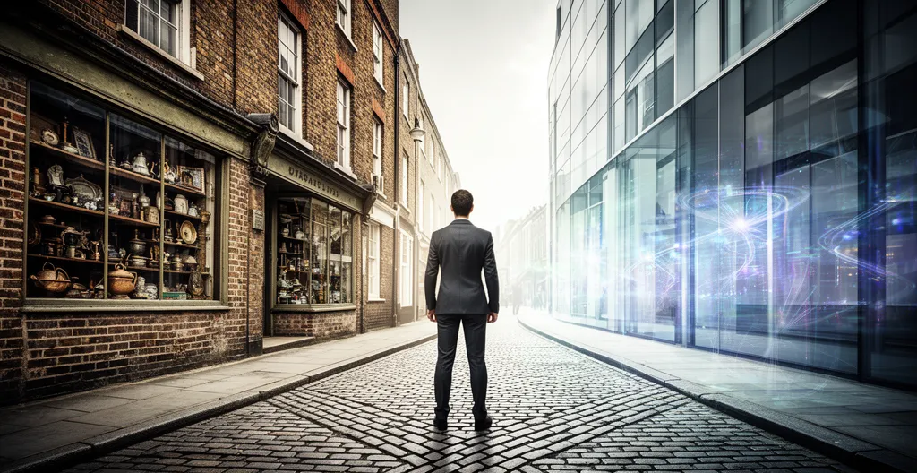 British high street business owner at crossroads between traditional store and digital future