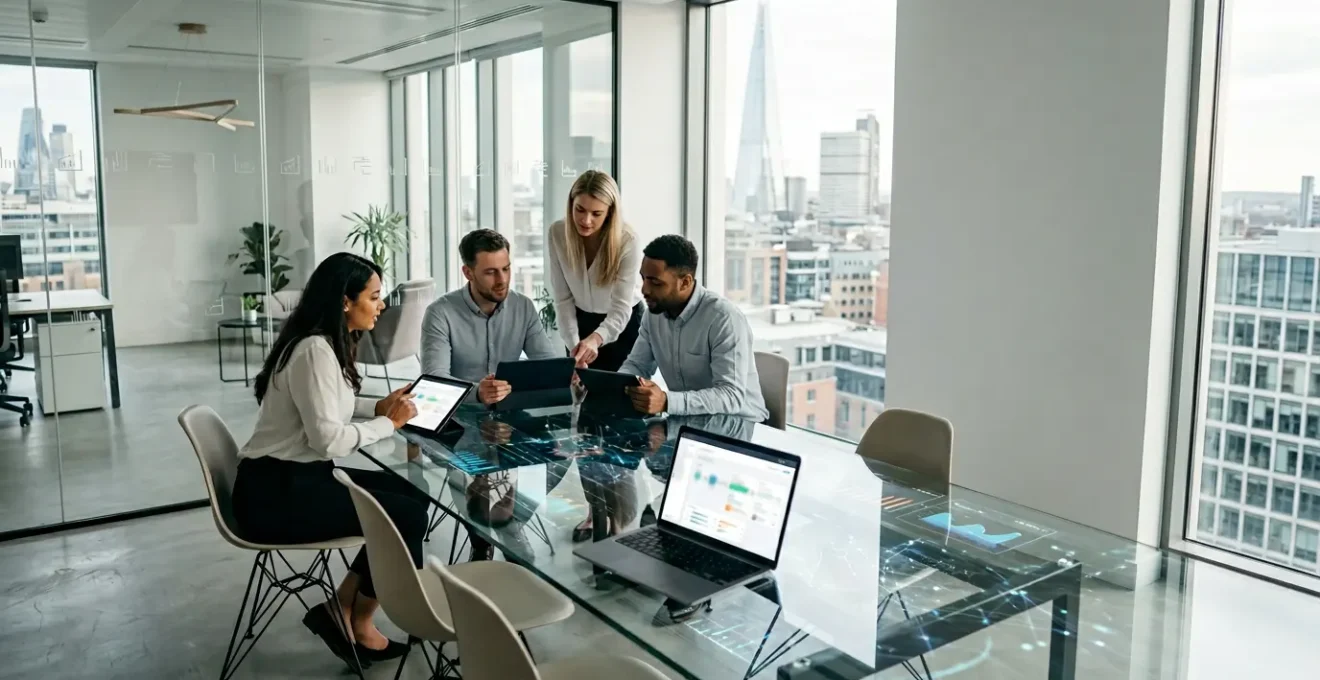 Professional marketing team analyzing data protection compliance metrics in modern office