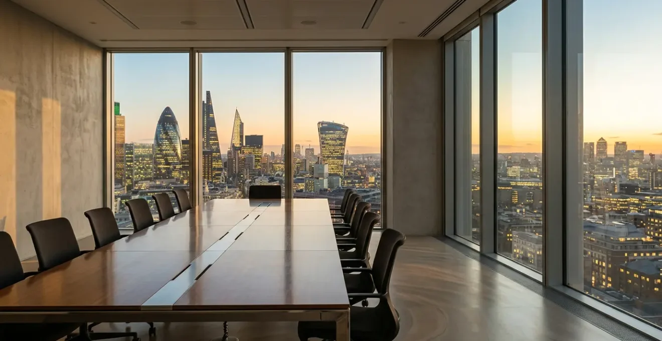 Modern UK business district office overlooking London cityscape with digital connection visualization
