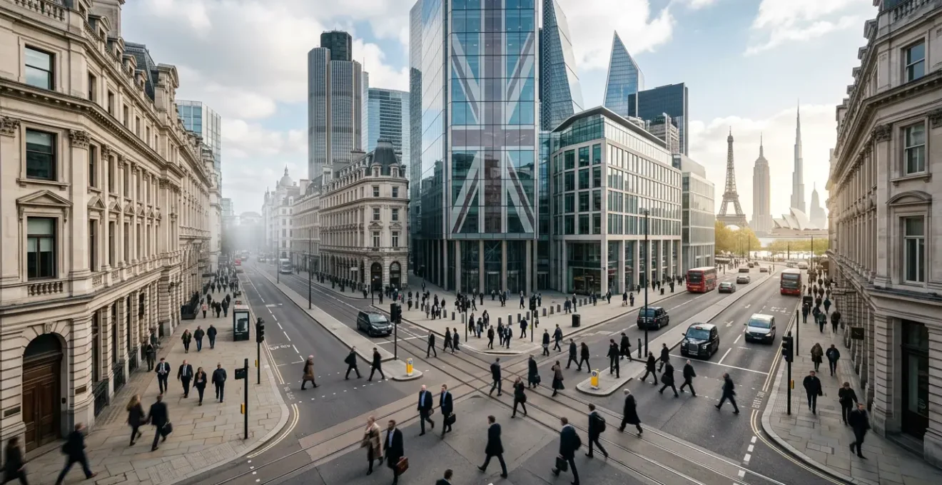 Strategic crossroads visualization showing UK business paths post-Brexit