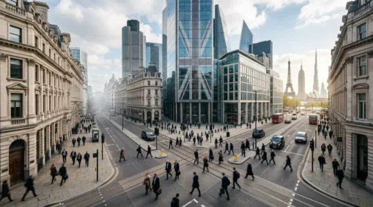 Strategic crossroads visualization showing UK business paths post-Brexit
