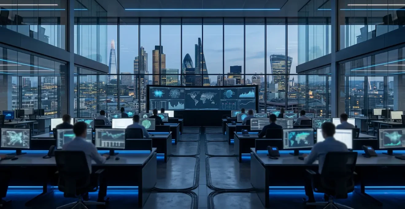 Professional security operations center monitoring multiple UK business networks with analysts reviewing threat intelligence