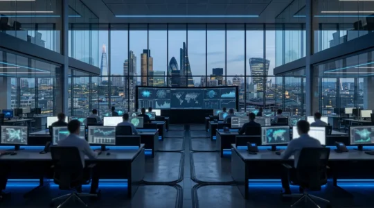 Professional security operations center monitoring multiple UK business networks with analysts reviewing threat intelligence