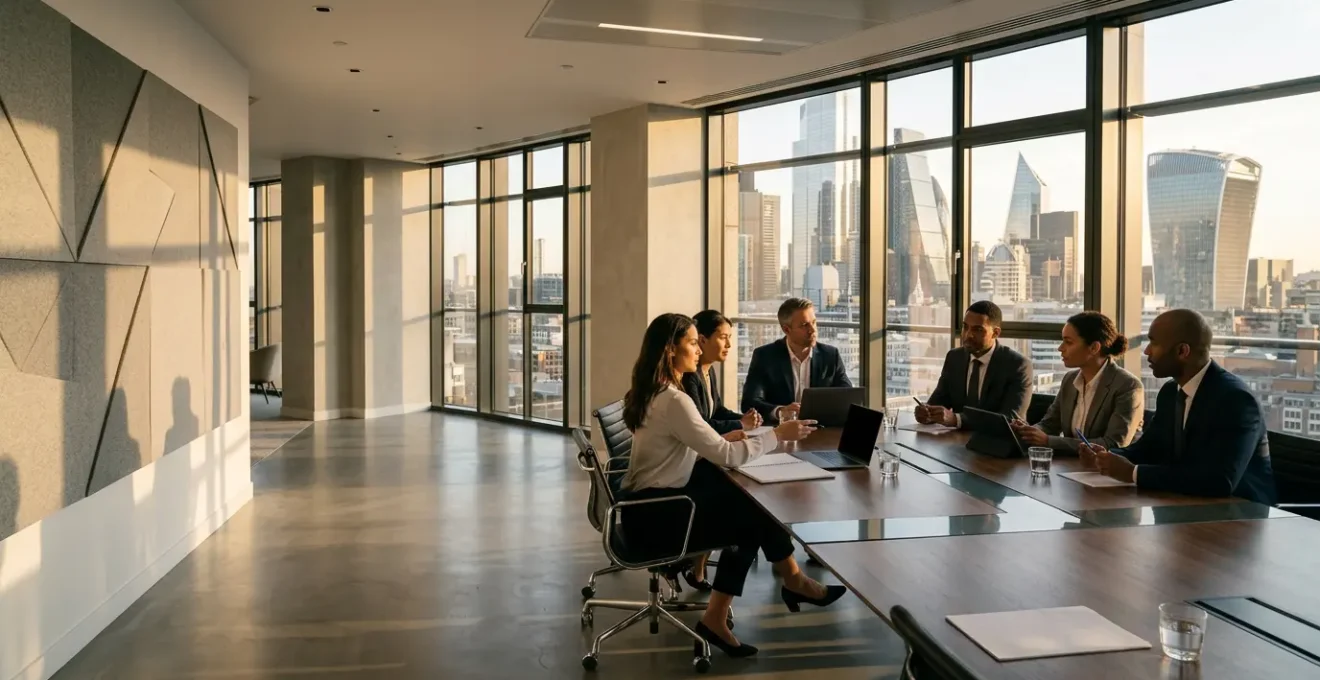 Professional boardroom meeting discussing regulatory compliance with London skyline visible through windows