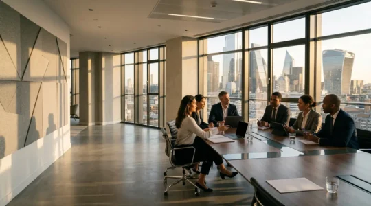 Professional boardroom meeting discussing regulatory compliance with London skyline visible through windows