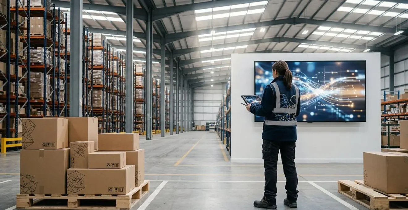 Modern UK warehouse interior with AI-powered inventory management systems and weather pattern visualizations