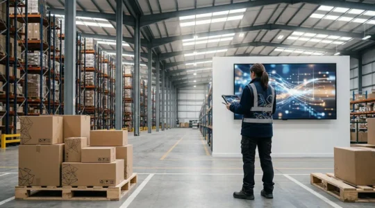 Modern UK warehouse interior with AI-powered inventory management systems and weather pattern visualizations