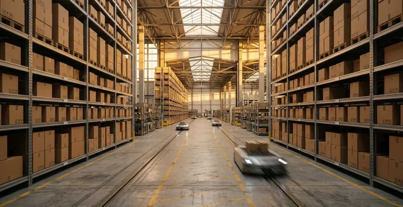 Modern UK warehouse interior with automated systems and strategic planning visualizations