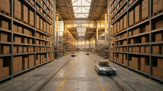 Modern UK warehouse interior with automated systems and strategic planning visualizations