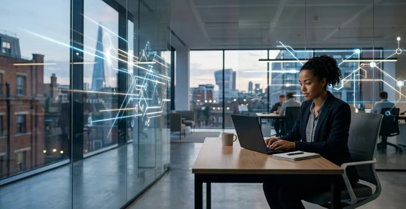 Modern UK office workspace with secure digital connections representing Zero Trust architecture