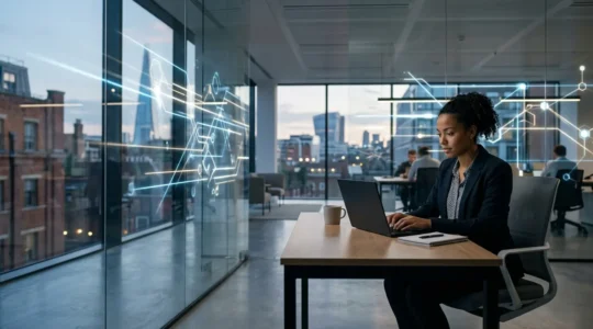 Modern UK office workspace with secure digital connections representing Zero Trust architecture