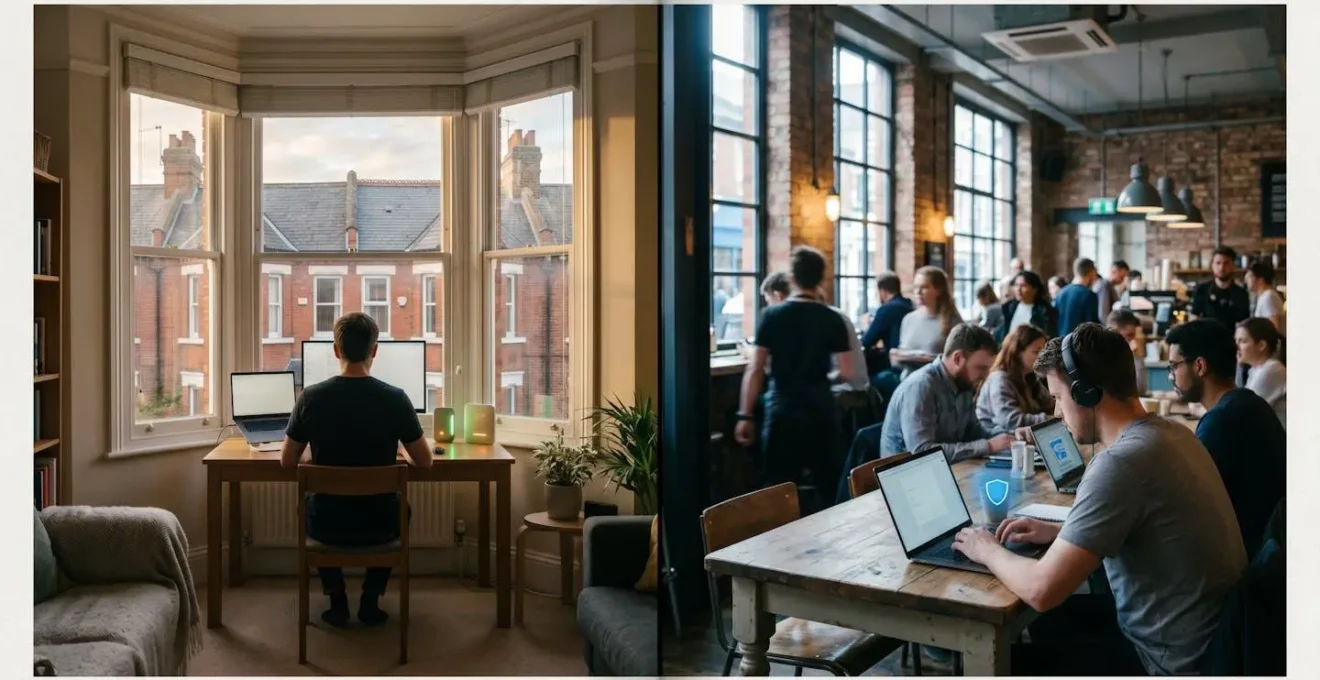 Split-screen showing secure home office versus public cafe login scenarios in UK setting