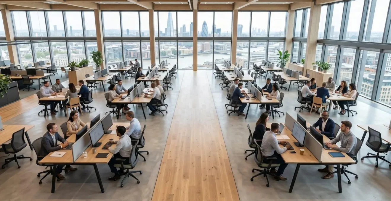 Wide angle view of diverse teams collaborating in open office space with natural light