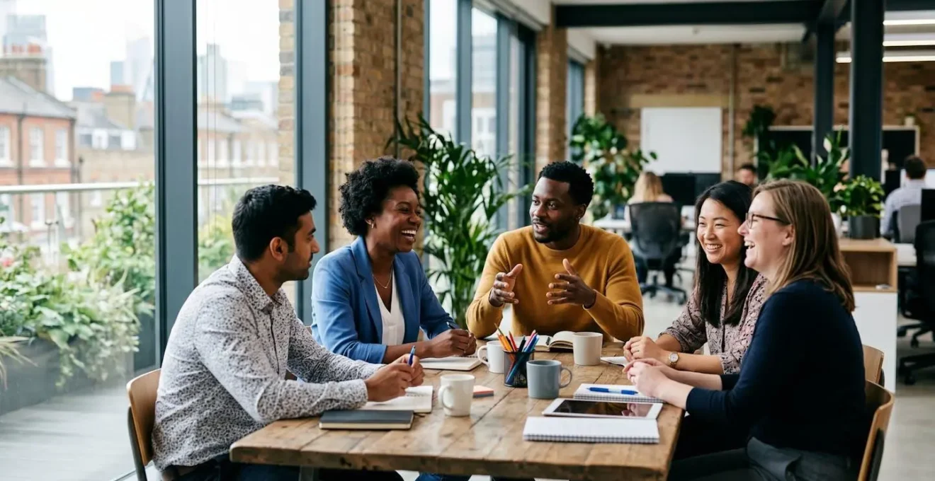 Diverse team members collaborating in modern UK workplace