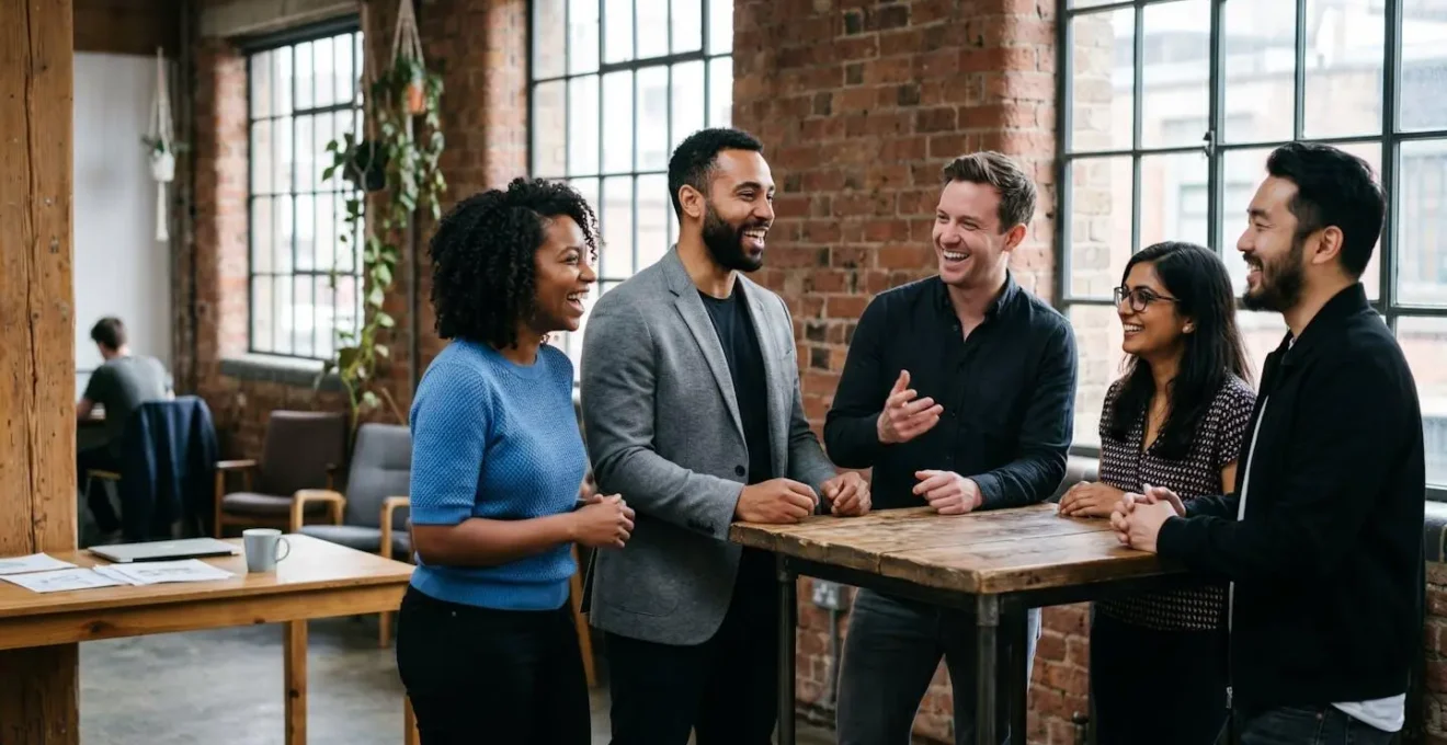 Multi-ethnic professionals collaborating in a bright converted warehouse office space in East London