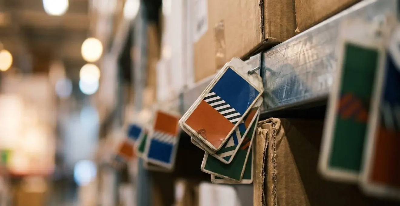 Close-up macro shot of warehouse inventory tags showing abstract patterns representing dynamic stock levels