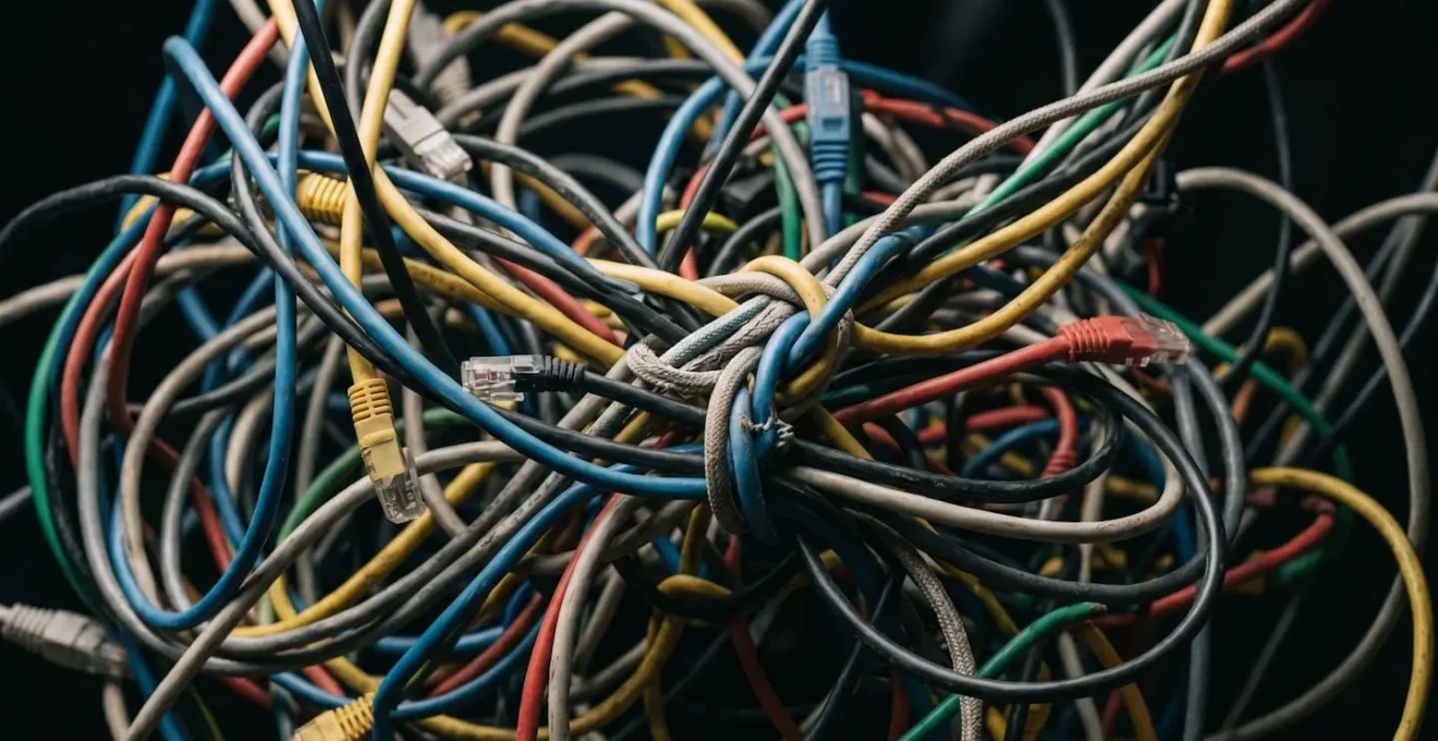 Macro shot of tangled network cables representing workflow complexity