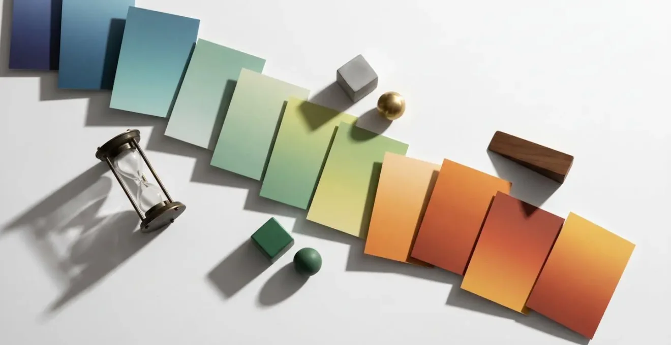 An abstract, top-down view of paper cards on a desk representing strategic timing and decisions in a user journey.