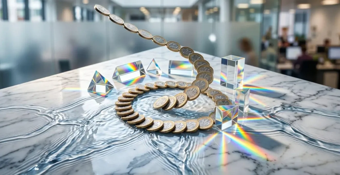 Abstract visualization of financial data flow patterns in a corporate setting