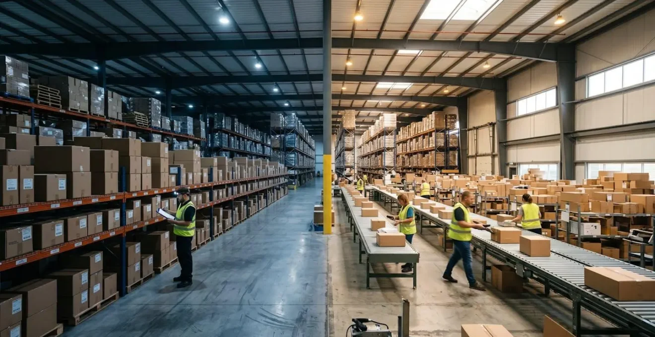 Split-screen showing warehouse operations with batch processing on left and real-time stream on right