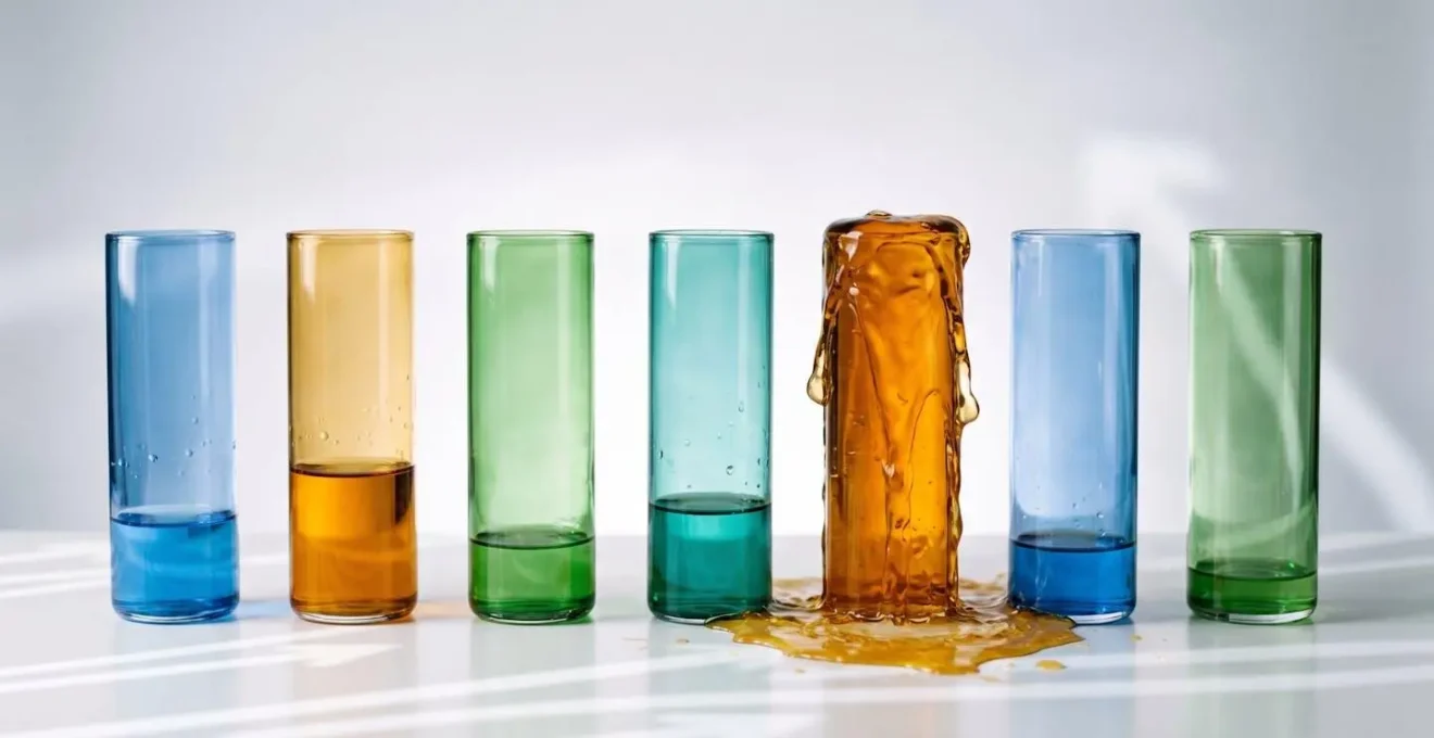 Close-up of glass columns with colored liquid at different levels showing workflow stages, representing a Kanban board's bottleneck visualization.