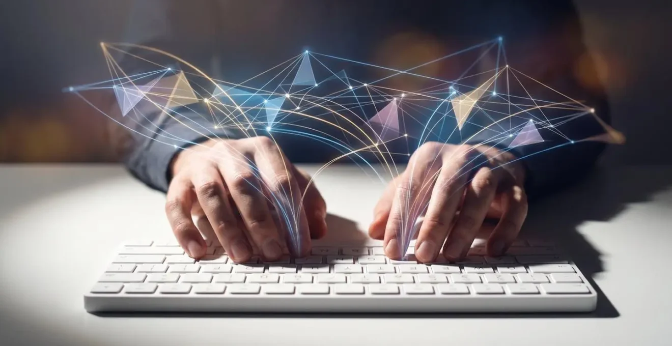 Close-up of hands typing on keyboard with holographic knowledge network visualization floating above