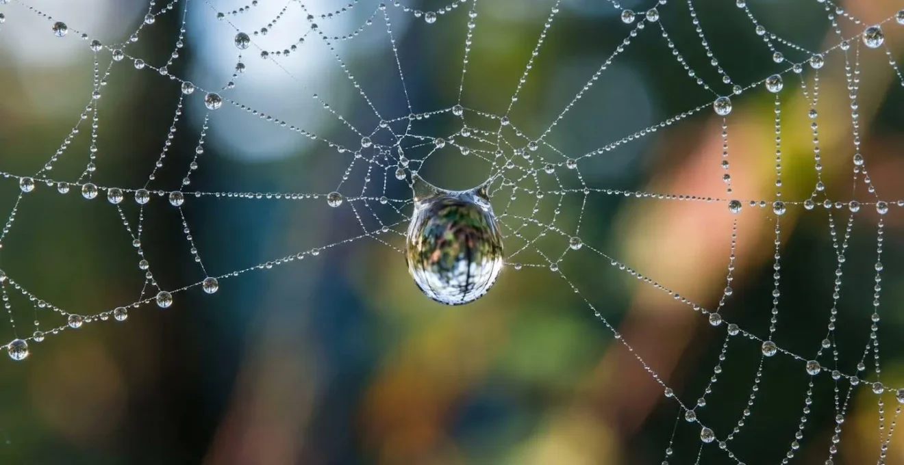 Macro shot of interconnected water droplets on a spider web, showing network dependencies and a central point of failure.