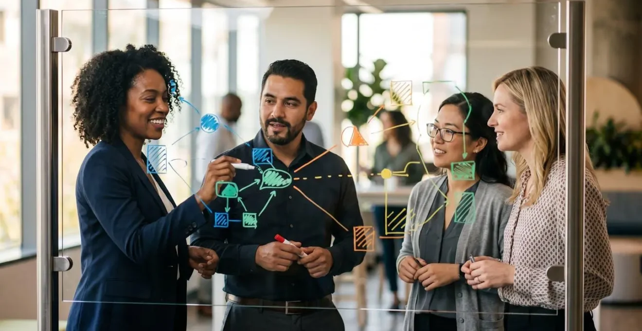 Cross-functional team collaborating on unified KPI definitions in a modern workspace