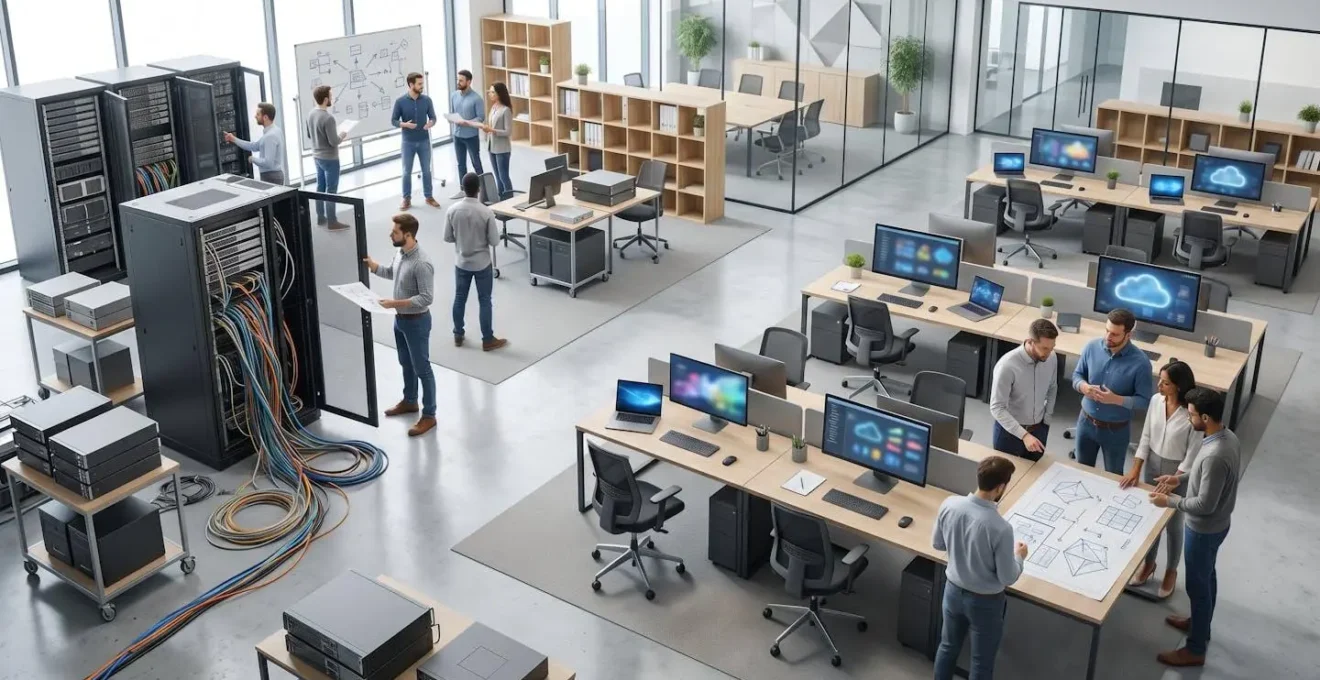 Technical team working on containerizing legacy applications for cloud migration