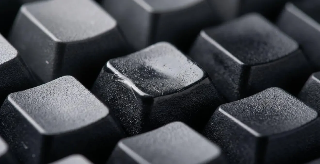 Extreme close-up of mechanical keyboard keys with subtle wear patterns showing frequently used areas