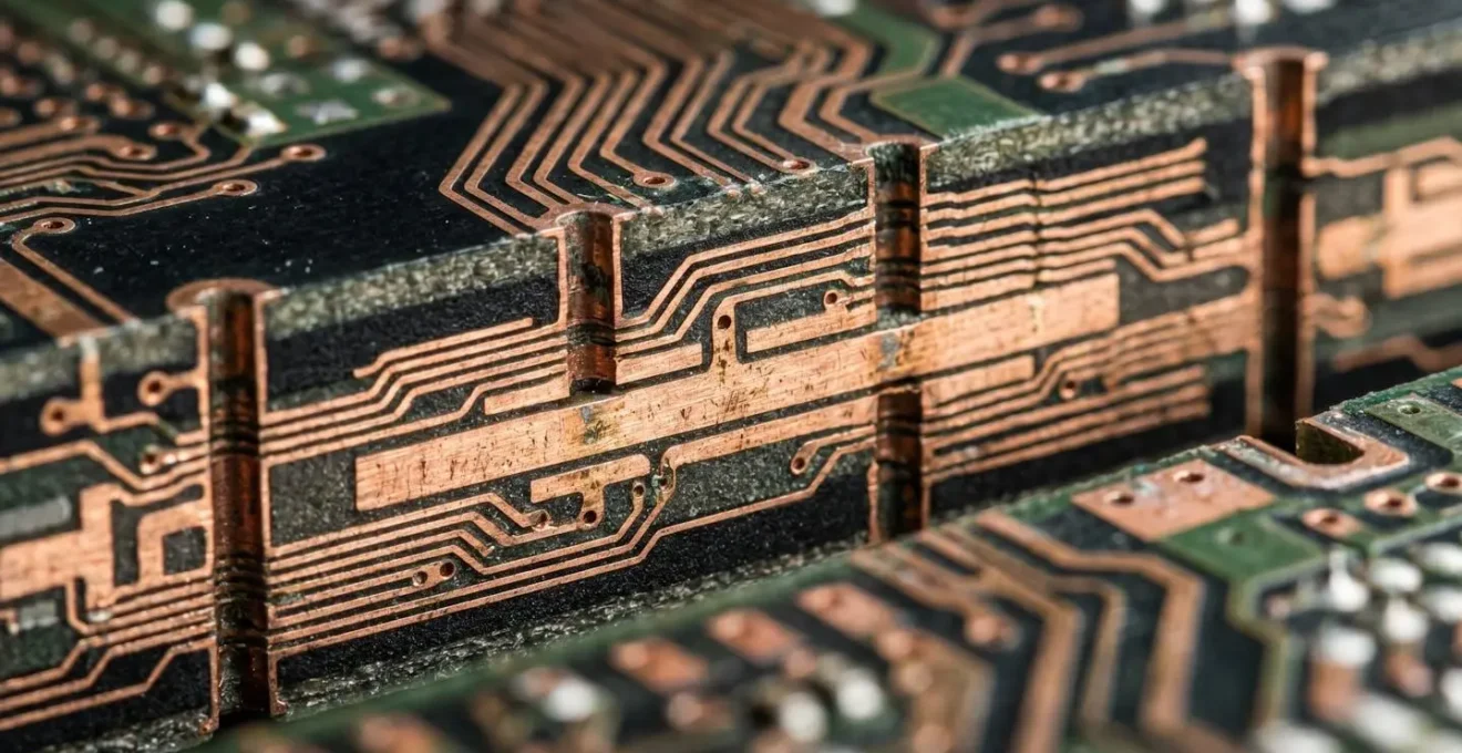 Extreme close-up of layered circuit board showing complex patterns and connections