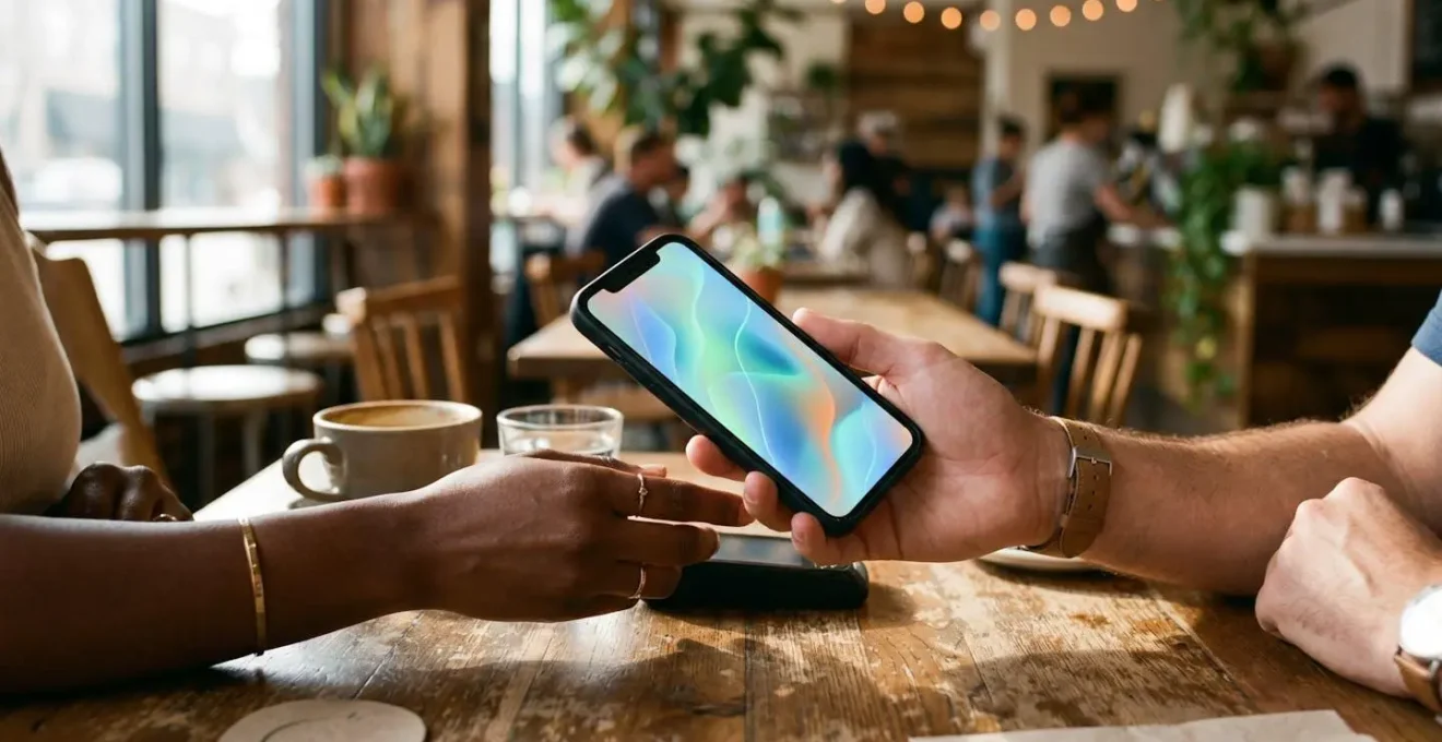 Hands holding a smartphone displaying an abstract representation of a seamless payment flow in a cafe setting.