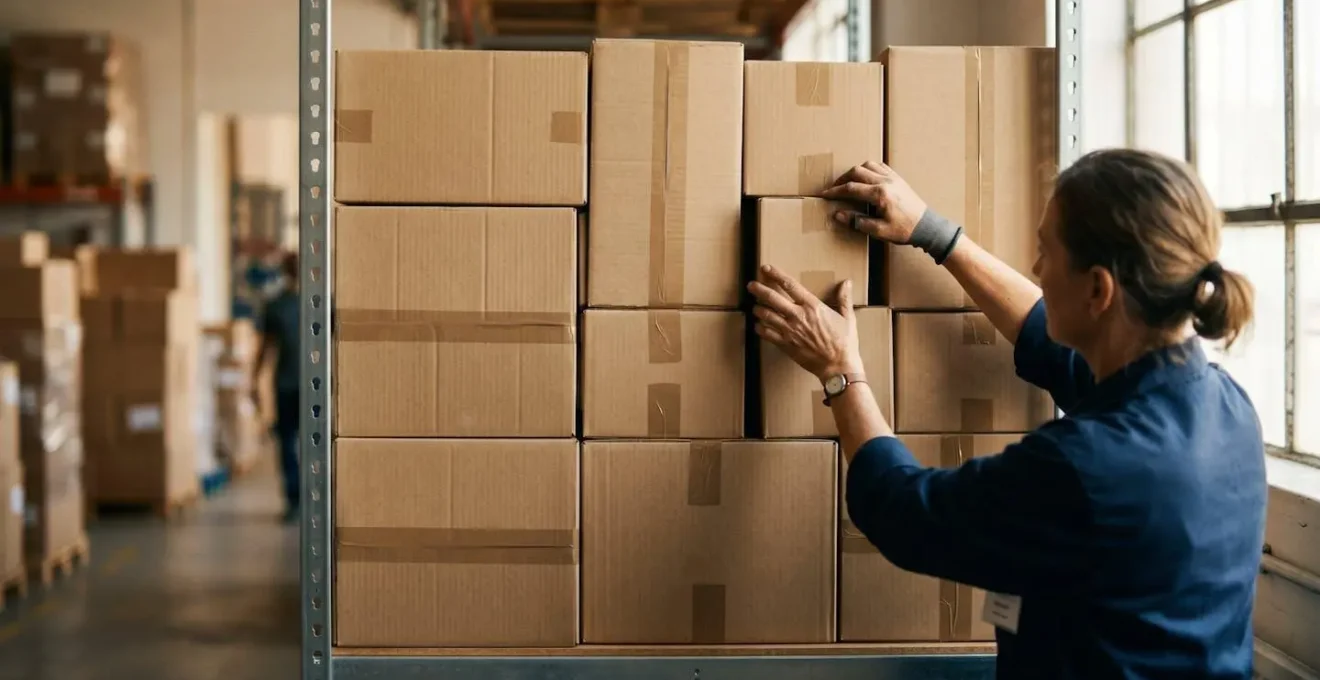 Human hands carefully arranging geometric shipping boxes in optimal configuration