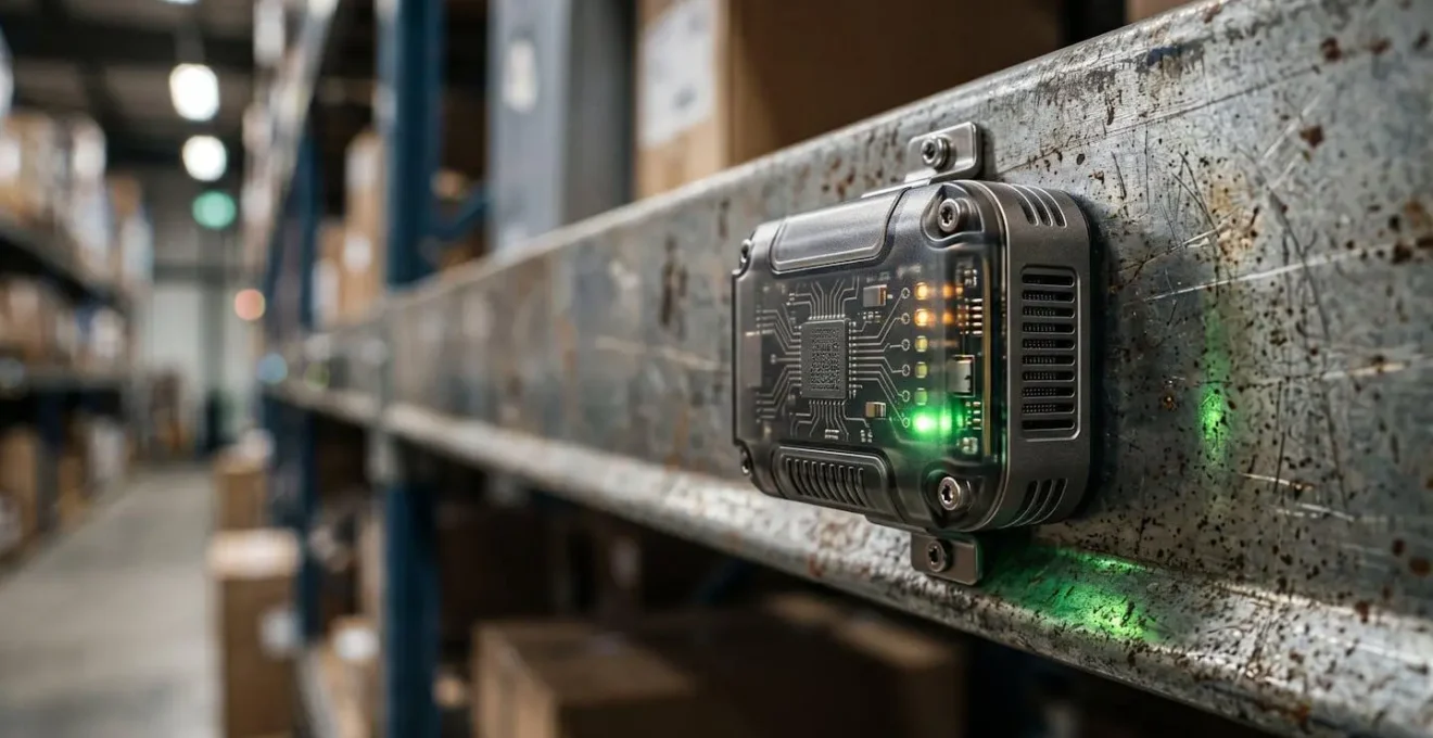 Macro shot of an IoT sensor on a warehouse shelf with a digital overlay showing a real-time data flow.