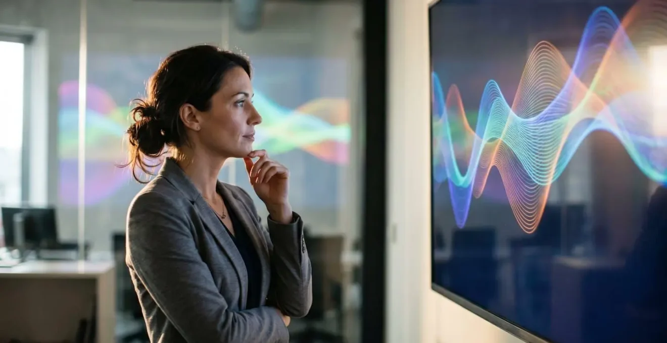 Professional analyst examining multiple timeline charts showing sentiment patterns across different time periods