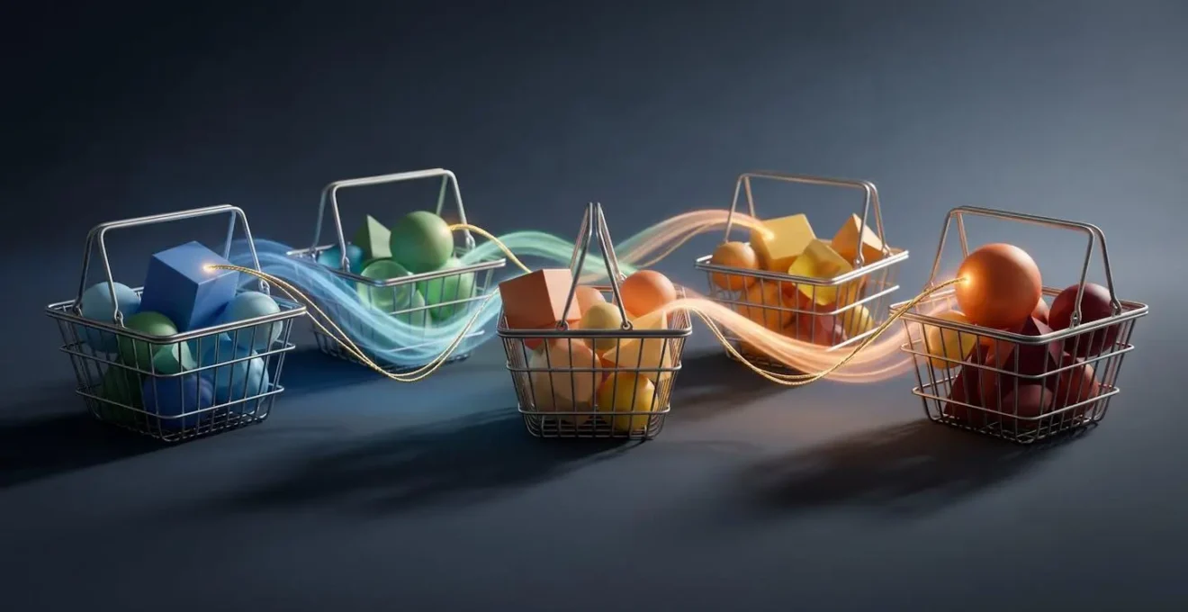 Abstract visualization of customer purchase journey showing connected product nodes in a flowing pattern
