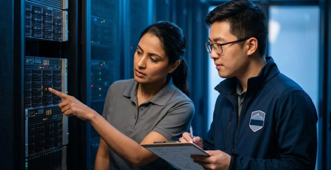 Technical team conducting server resilience testing in data center