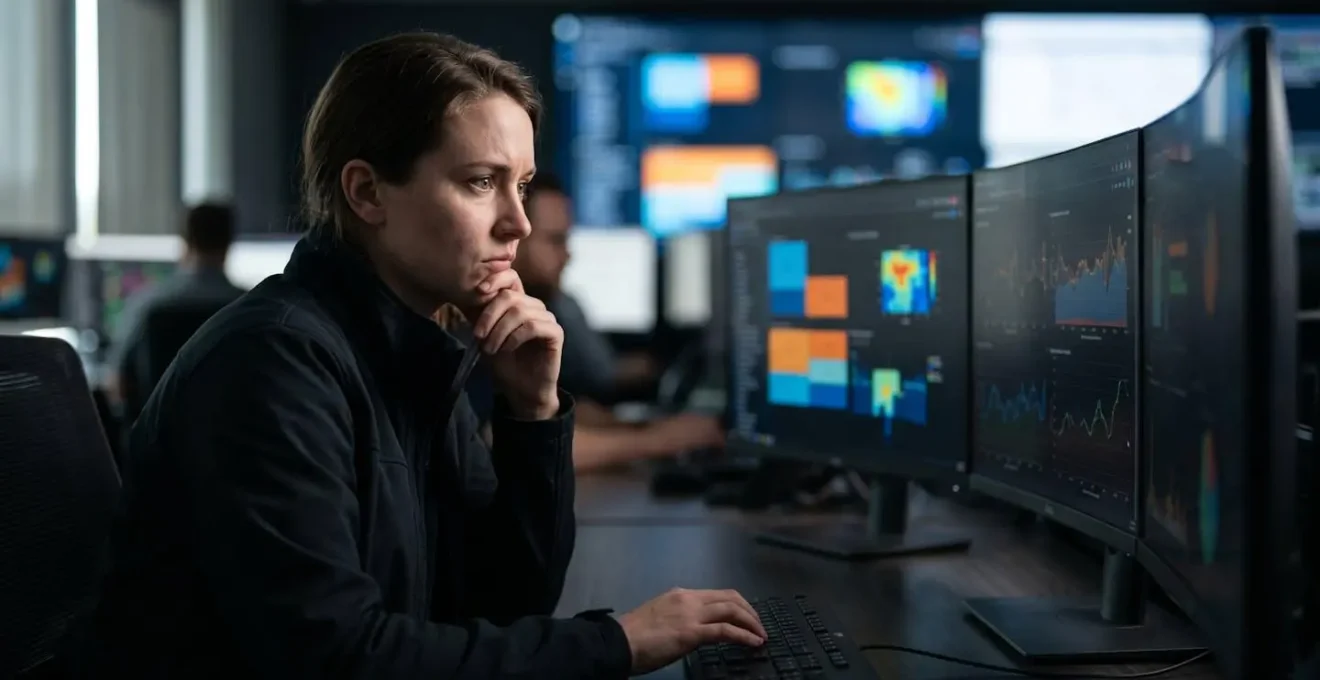 Security analyst reviewing multiple threat alerts on monitoring screens with focused concentration