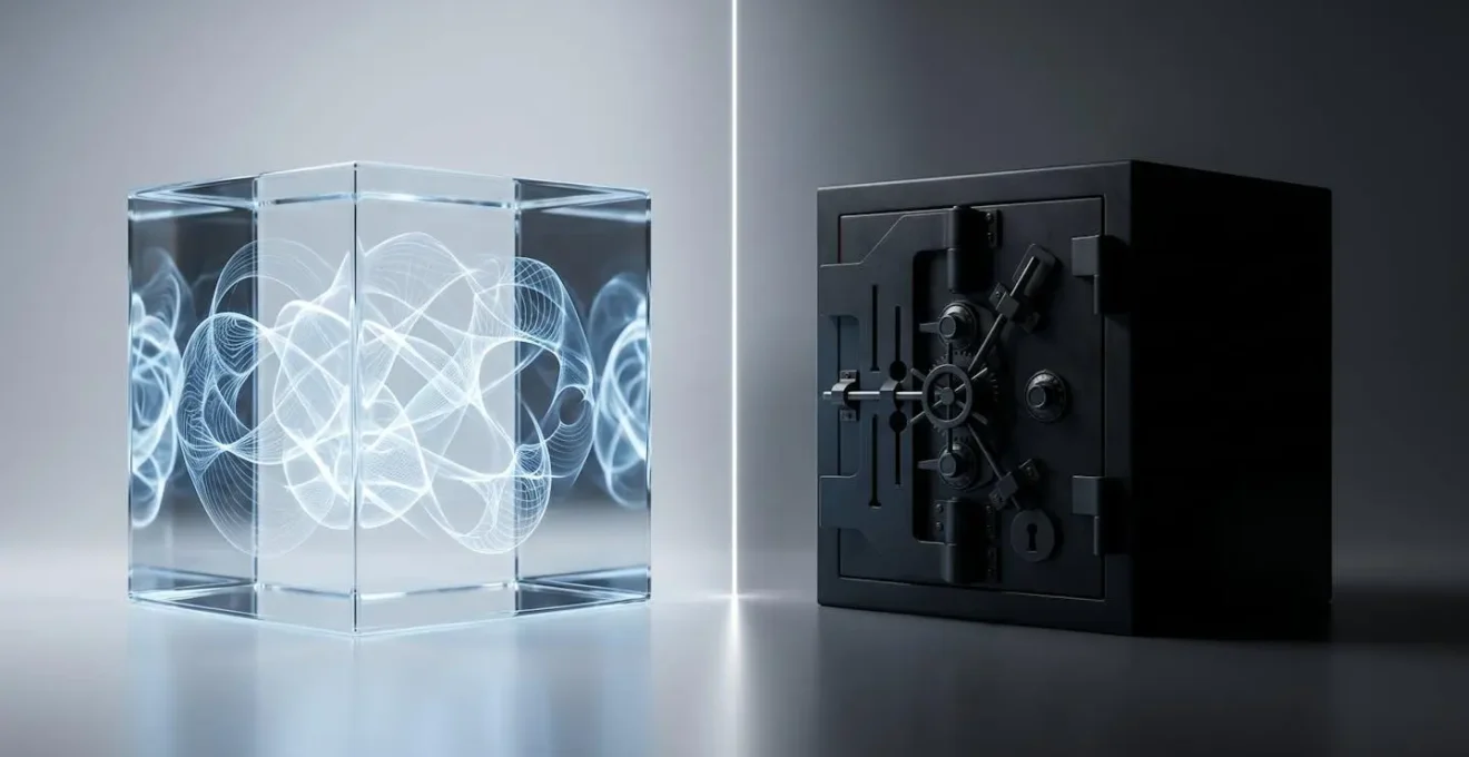 Abstract visualization of software algorithm protection decision process with branching paths and secure vault metaphor