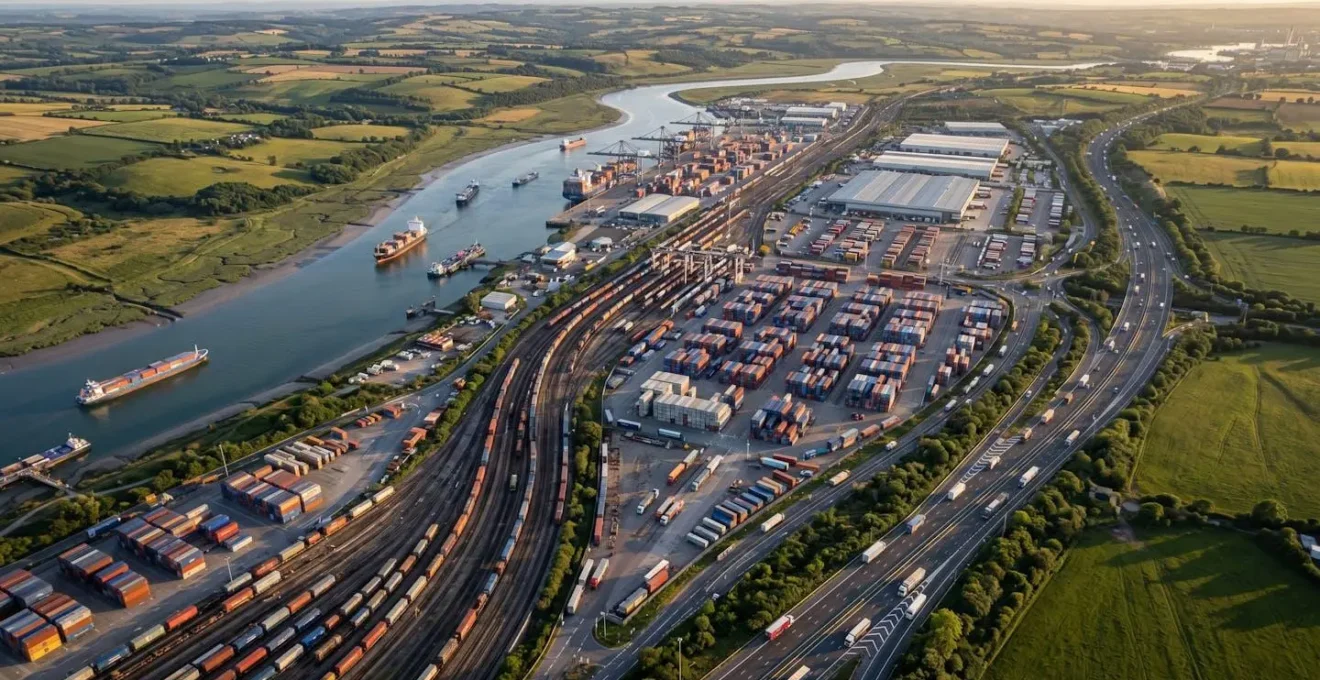 Aerial view of multiple shipping routes converging at a UK distribution hub, showing supply chain redundancy.