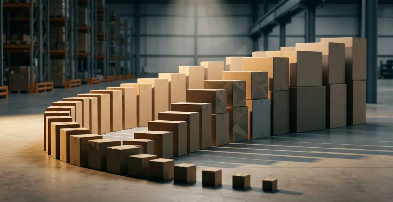 Wide shot of distribution center showing the flow and amplification of orders through the supply chain
