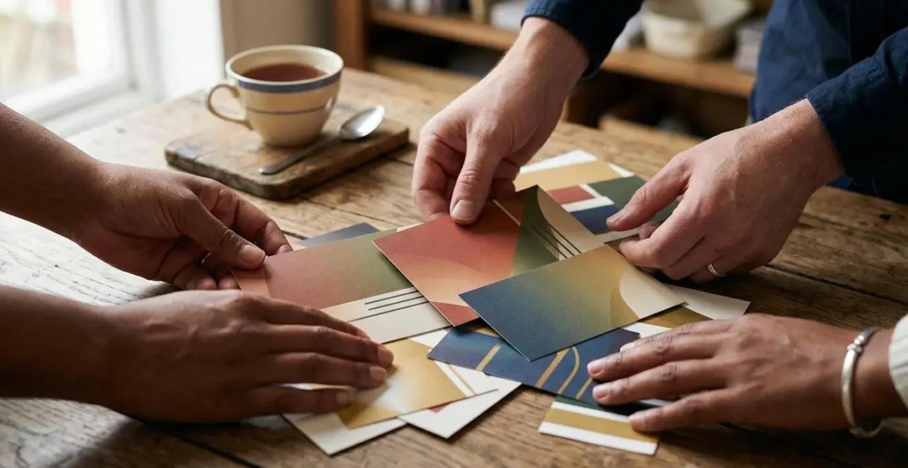 Close-up of hands arranging printed content samples on a wooden desk with a British tea cup nearby