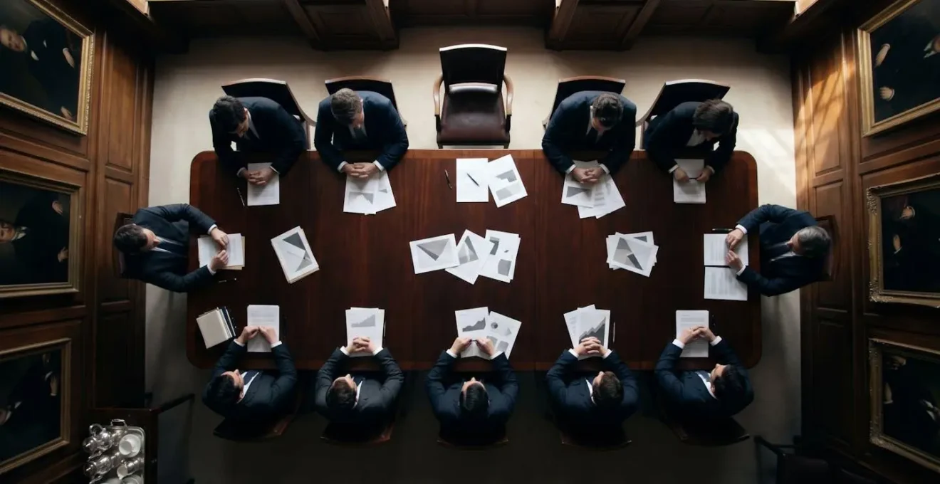 Aerial view of UK office workers waiting at conference room table with abstract flow diagram