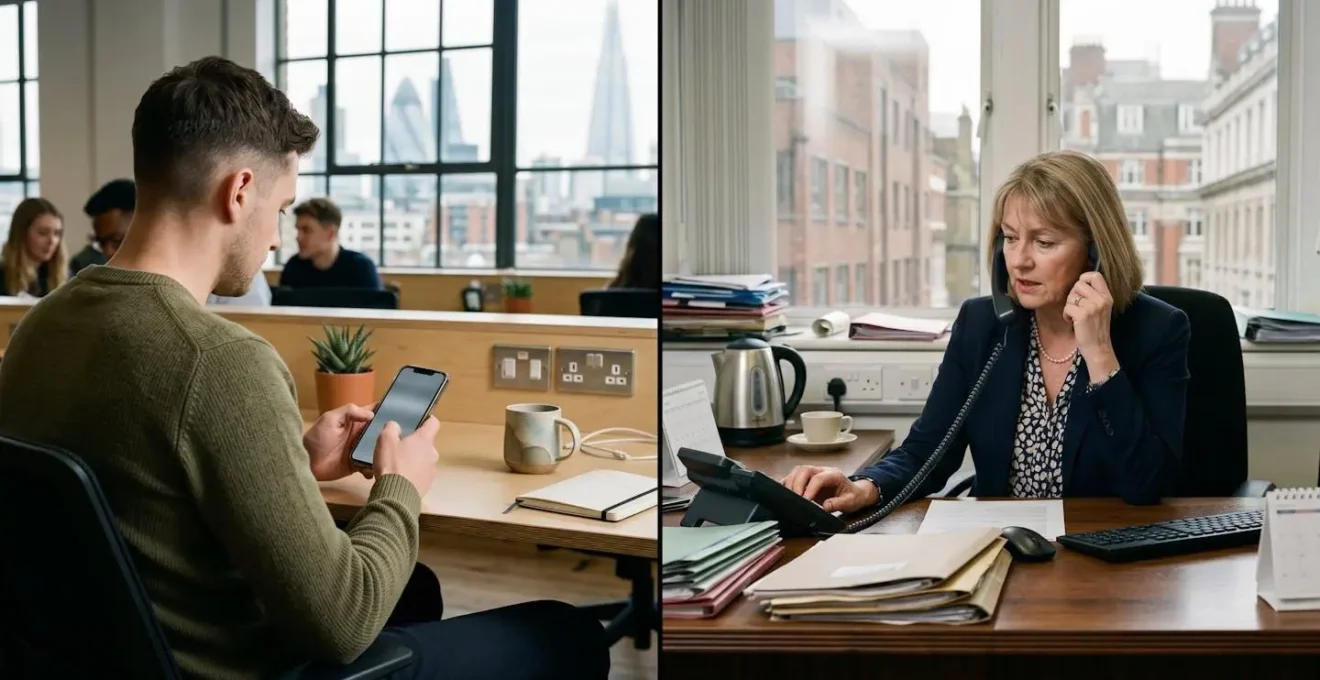 Split-screen showing millennials using chat on smartphones versus older generation on phone calls
