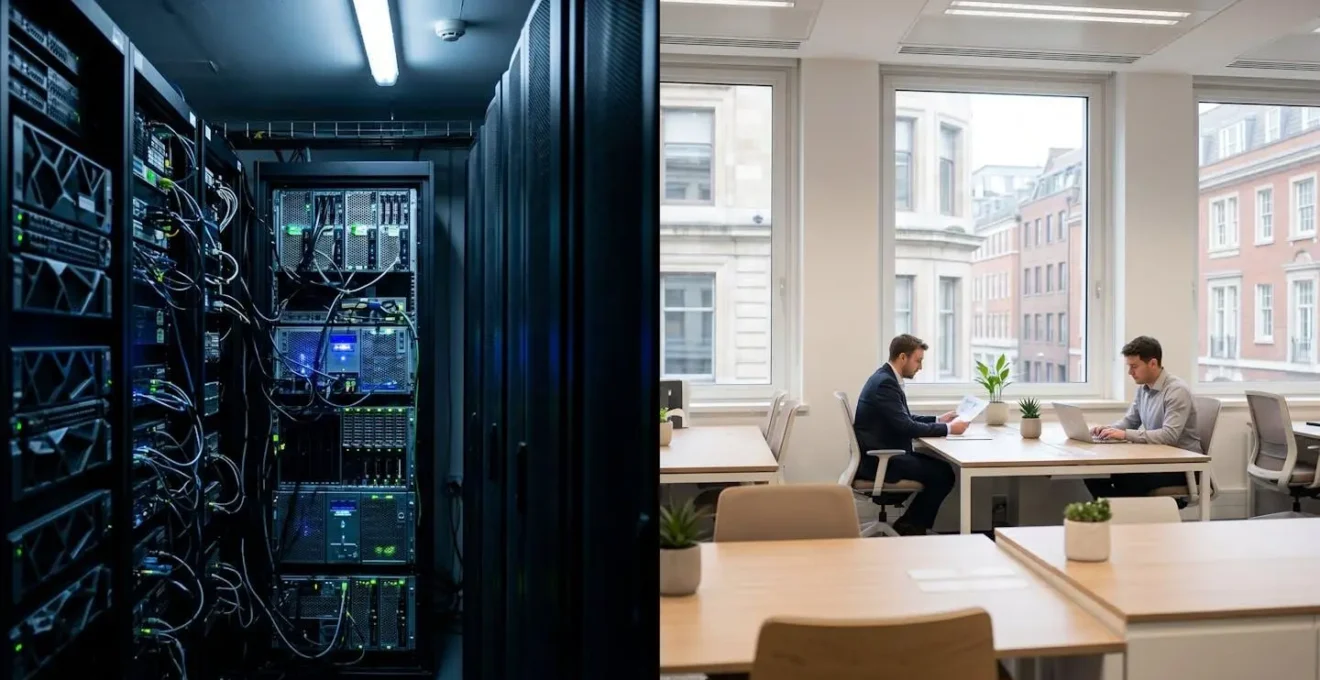 Split view showing server room space versus productive office workspace potential