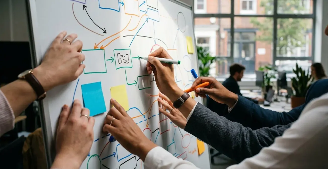 Close-up view of hands mapping a business process workflow on a whiteboard