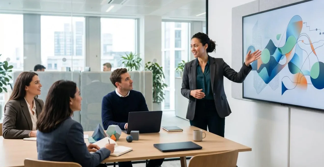 Non-technical manager leading hands-on BI training session with colleagues in modern UK office