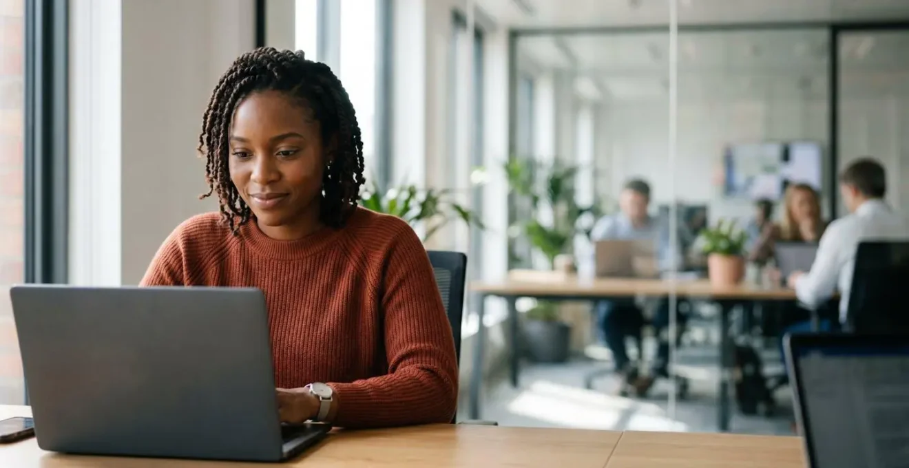 Diverse professionals in modern UK office demonstrating secure device access with emotional connection