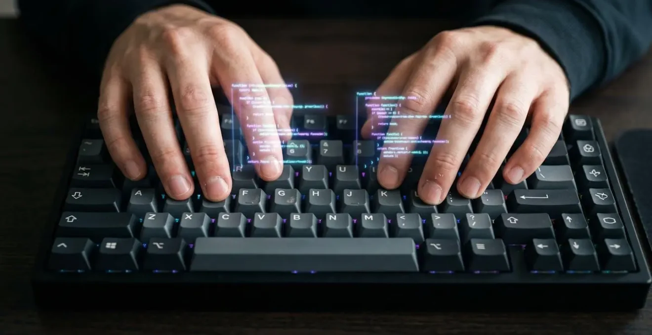 Close-up of developer hands typing on mechanical keyboard with holographic code projections floating above desk